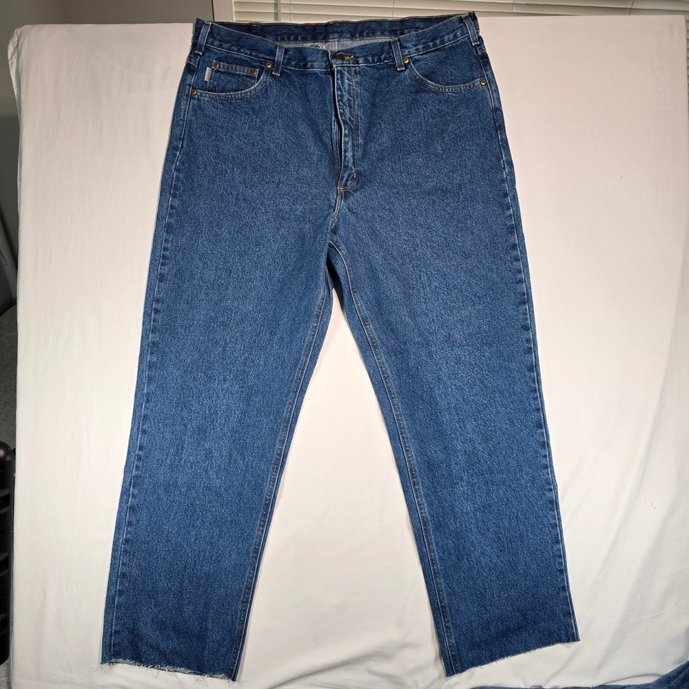 Carhartt B160 DST Relaxed Fit Dark Stone Jeans Mens 42 Raw Hem Cutoff